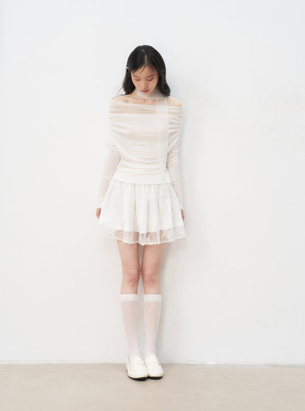 Lace Trim Mesh Mini Skirt