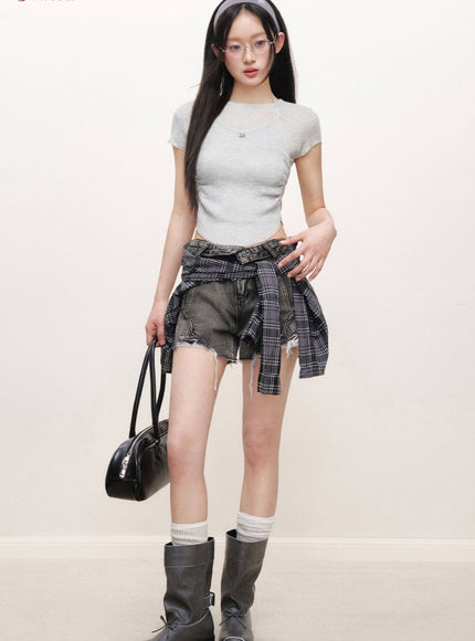Layered Halter Neck Ribbed Top - Light Grey