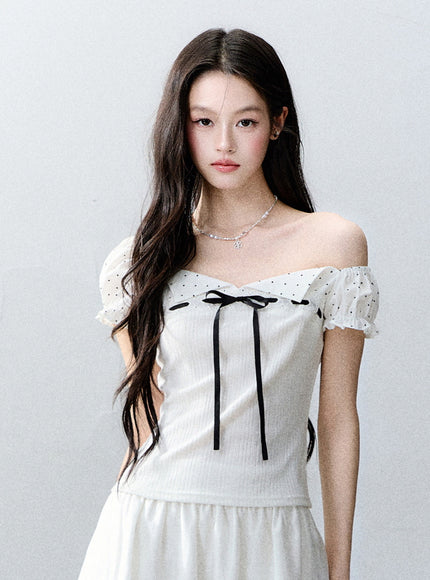 Ribbon Trim Puff Sleeve Top
