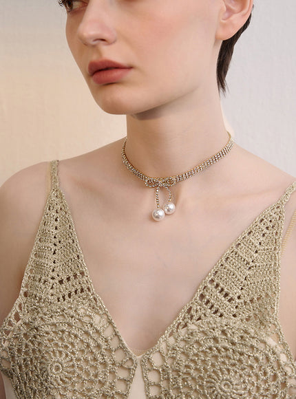 Crystal Bow Drop Pearl Choker
