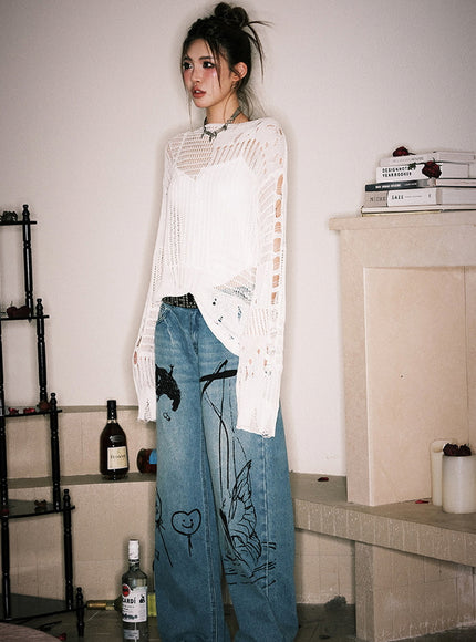 Distressed Open-Knit Sheer Sweater