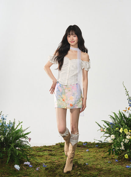 Watercolor Print A-Line Mini Skirt