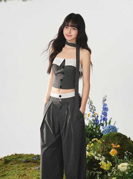 Panel Bustier and Wide-Leg Pants Set