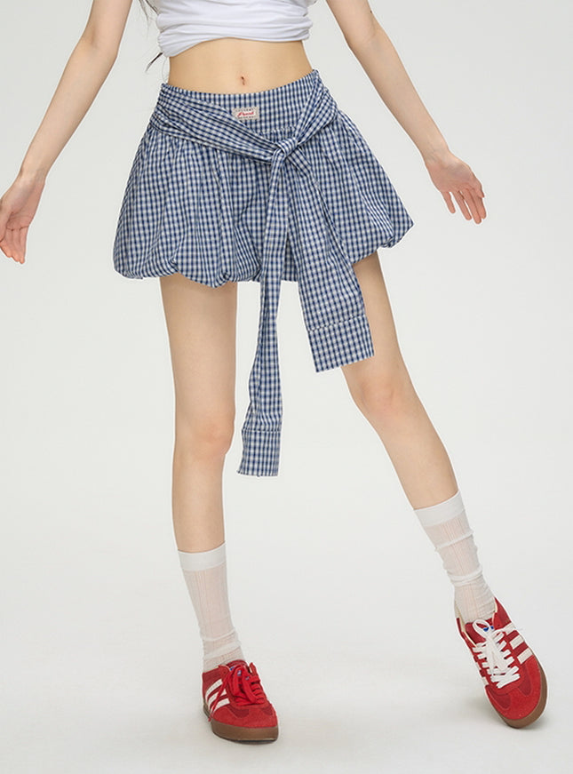 Layered Blue Check Mini Skirt