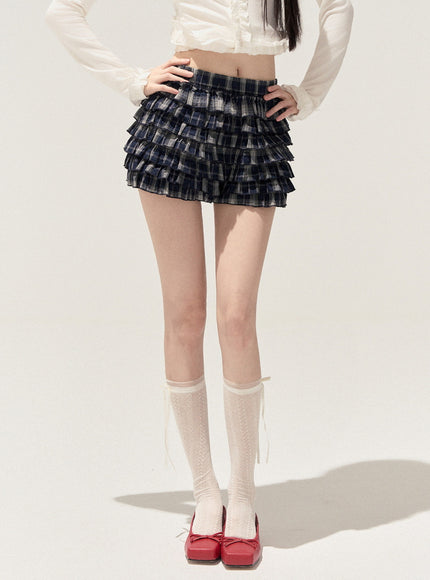 Vintage Check Ruffle Mini Skirt