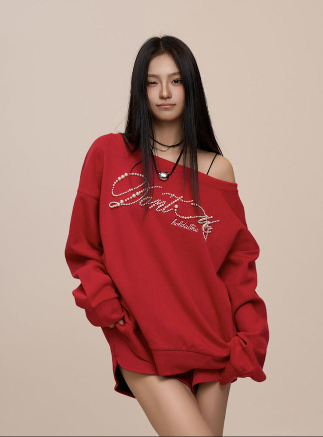 Crimson Glam Off-Shoulder Sweatshirt