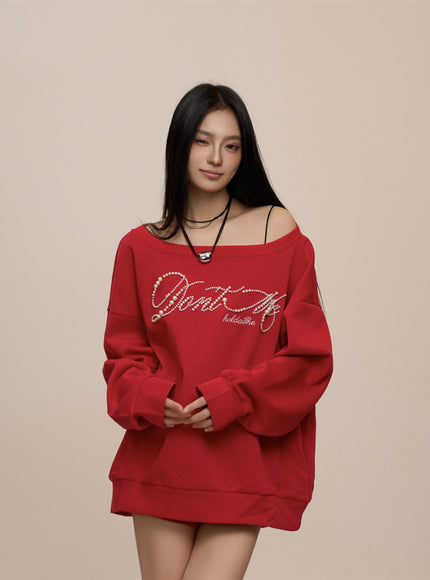 Crimson Glam Off-Shoulder Sweatshirt
