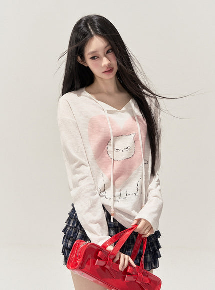 Heart Print Cat Hoodie Top
