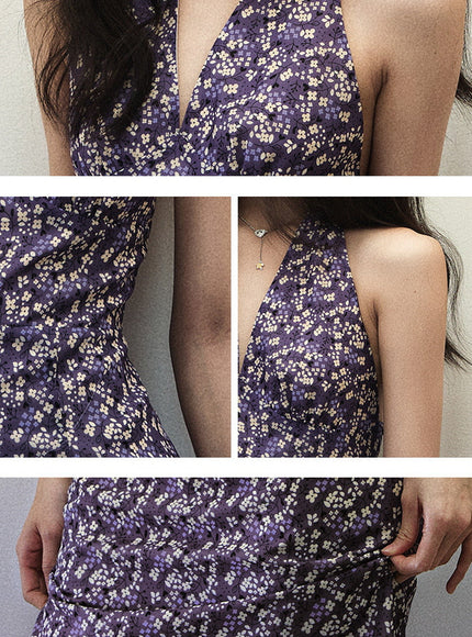 Vintage Floral Purple Halter Dress