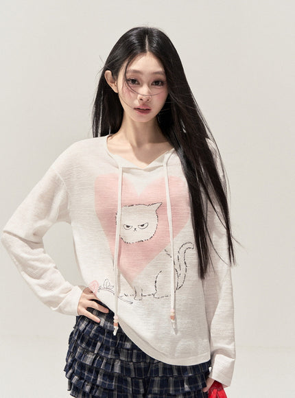 Heart Print Cat Hoodie Top
