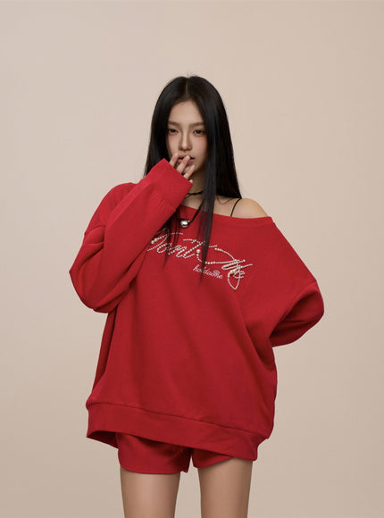 Crimson Glam Off-Shoulder Sweatshirt