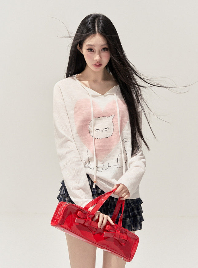 Heart Print Cat Hoodie Top