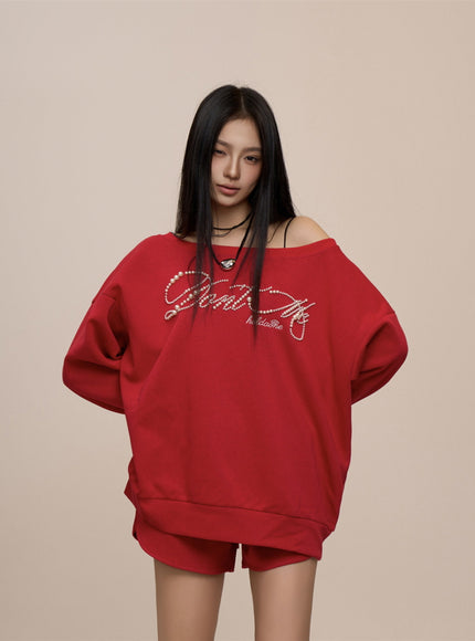 Crimson Glam Off-Shoulder Sweatshirt