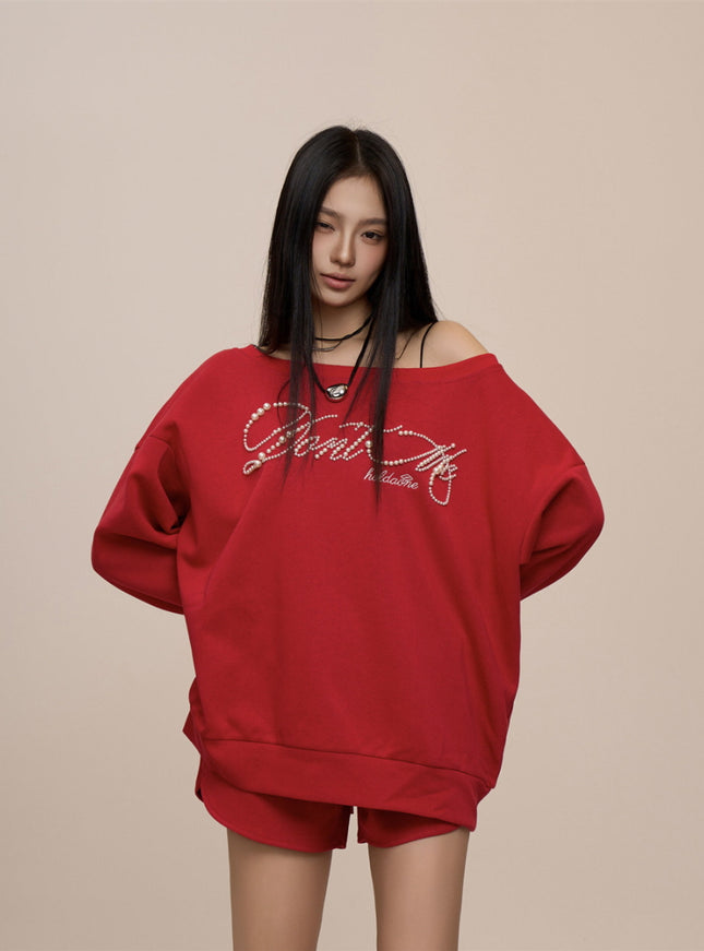 Crimson Glam Off-Shoulder Sweatshirt