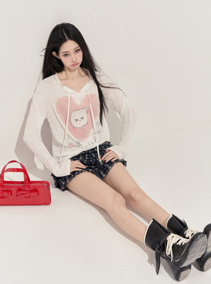 Heart Print Cat Hoodie Top