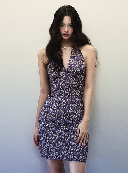 Vintage Floral Purple Halter Dress