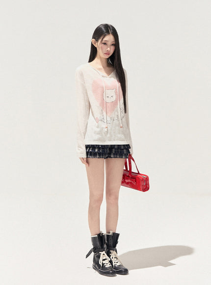 Heart Print Cat Hoodie Top