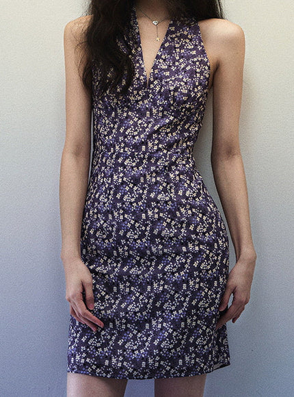 Vintage Floral Purple Halter Dress