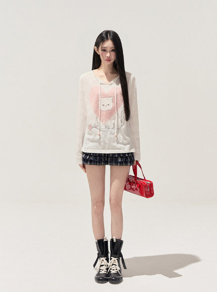 Heart Print Cat Hoodie Top