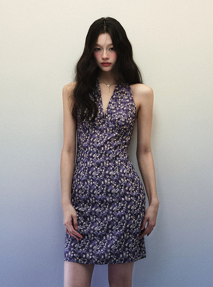 Vintage Floral Purple Halter Dress