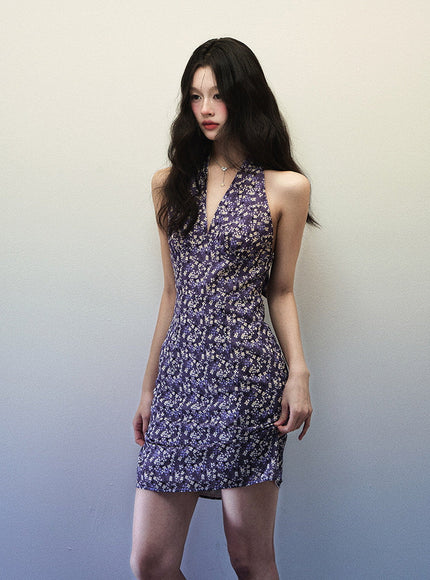 Vintage Floral Purple Halter Dress