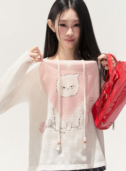 Heart Print Cat Hoodie Top