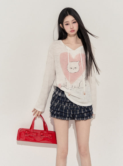 Heart Print Cat Hoodie Top