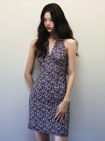 Vintage Floral Purple Halter Dress