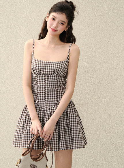 Milk Ribbon Gingham Dress - Brown