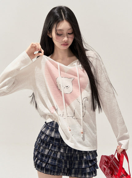 Heart Print Cat Hoodie Top