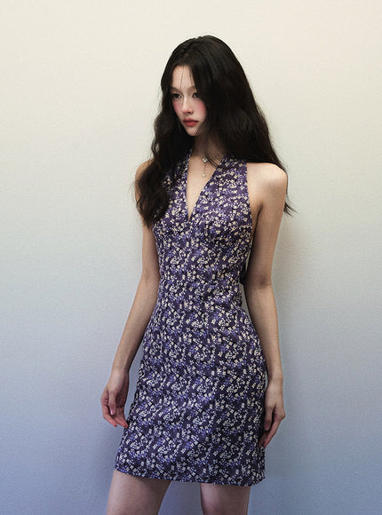 Vintage Floral Purple Halter Dress