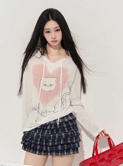 Heart Print Cat Hoodie Top