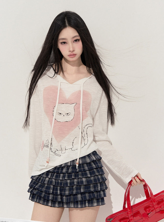 Heart Print Cat Hoodie Top