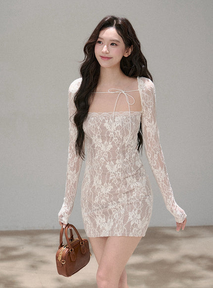 Sheer Ribbon Lace Slim Dress - White
