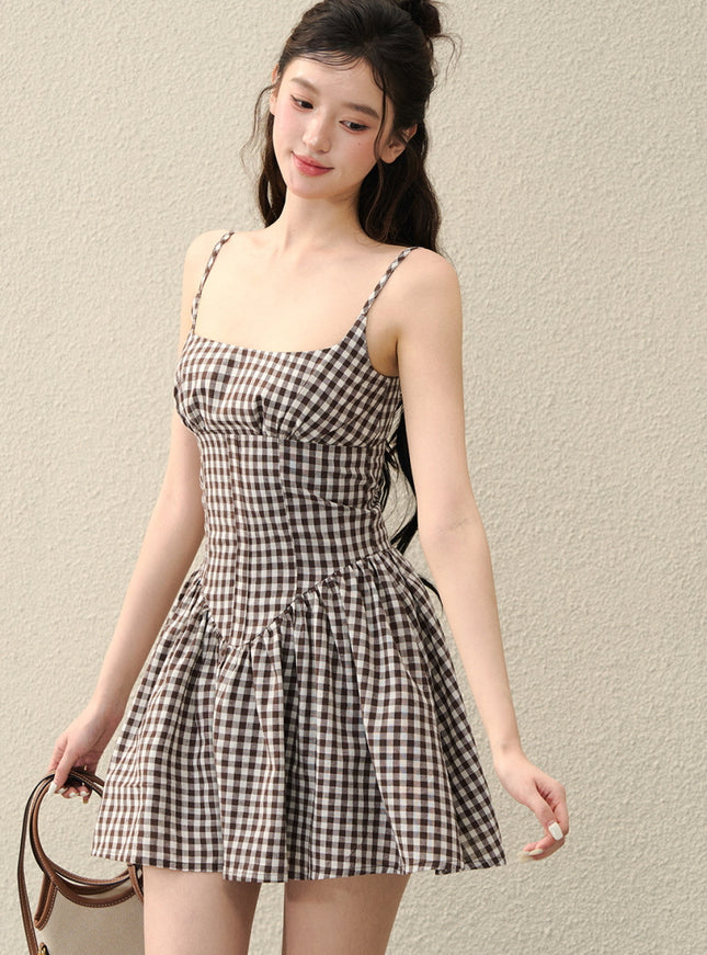 Milk Ribbon Gingham Dress - Brown