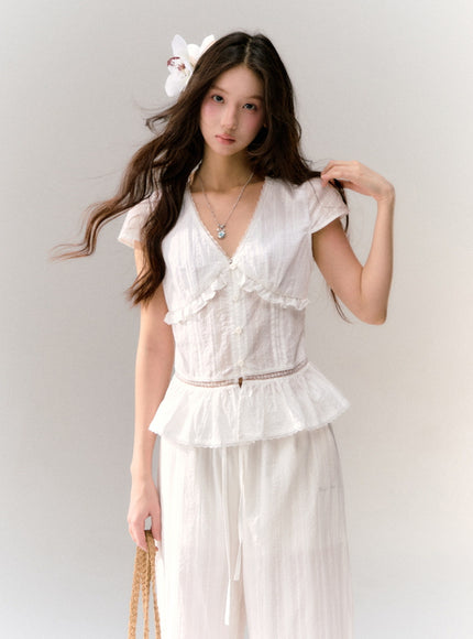 Soft Muse Ruffle White Blouse Set