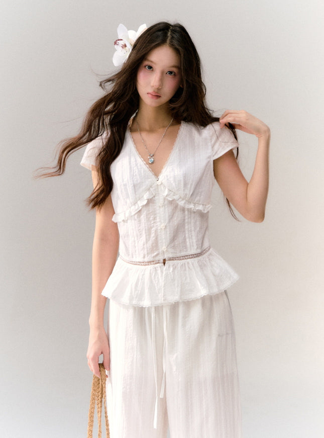 Soft Muse Ruffle White Blouse Set