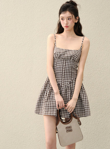 Milk Ribbon Gingham Dress - Brown