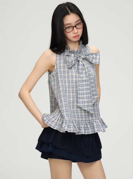 Big Bow Frill Hem Check Blous