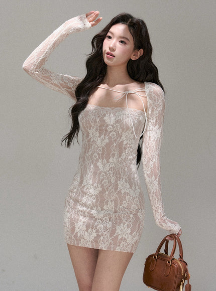 Sheer Ribbon Lace Slim Dress - White