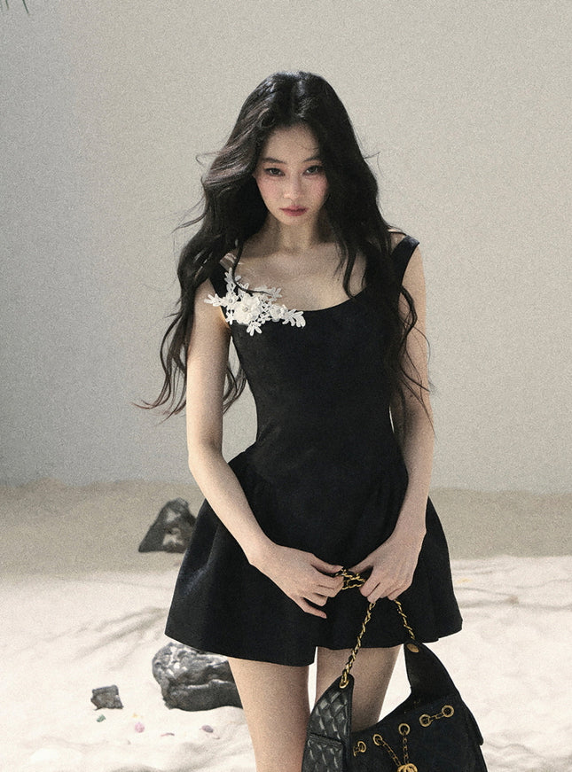 Puffy Floral Black Mini Dress