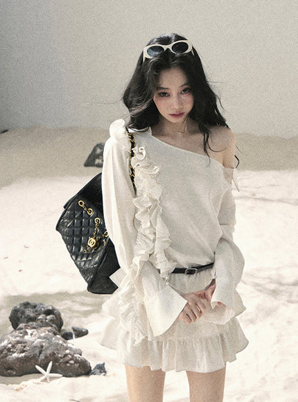 Ivory Ruffle Off Shoulder Muse Dress