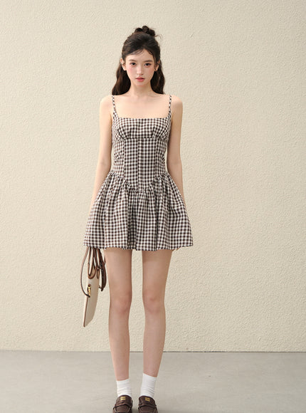 Milk Ribbon Gingham Dress - Brown