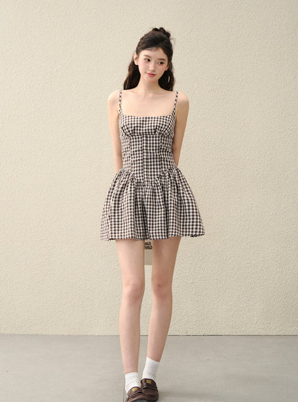 Milk Ribbon Gingham Dress - Brown