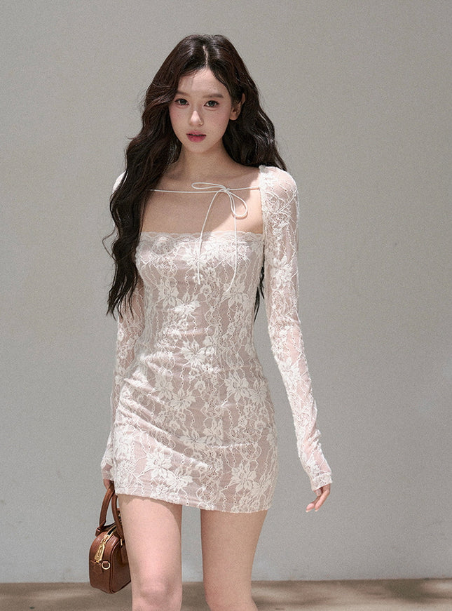 Sheer Ribbon Lace Slim Dress - White