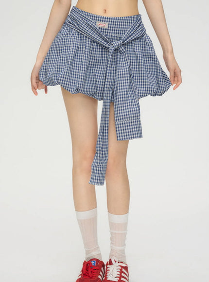 Layered Blue Check Mini Skirt