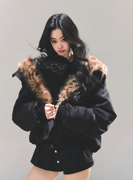 Faux Fur Trim Volume Jacket - Black
