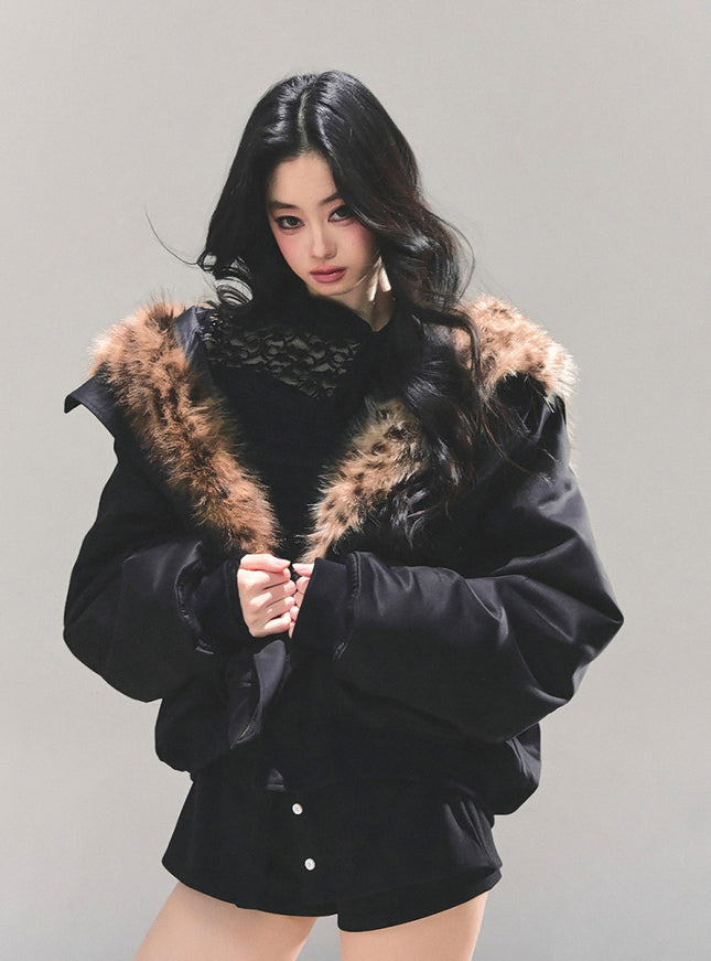 Faux Fur Trim Volume Jacket - Black