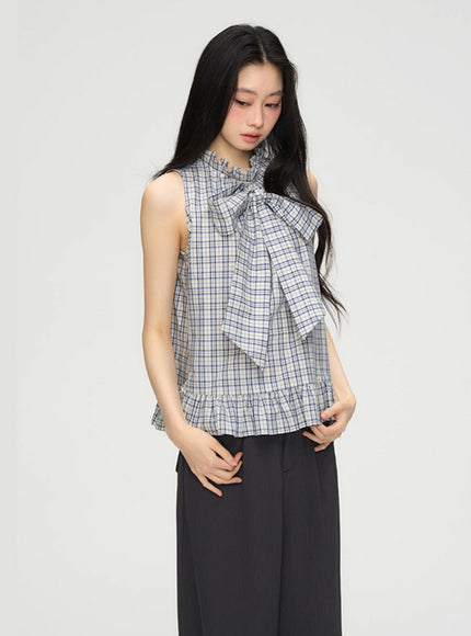 Big Bow Frill Hem Check Blous