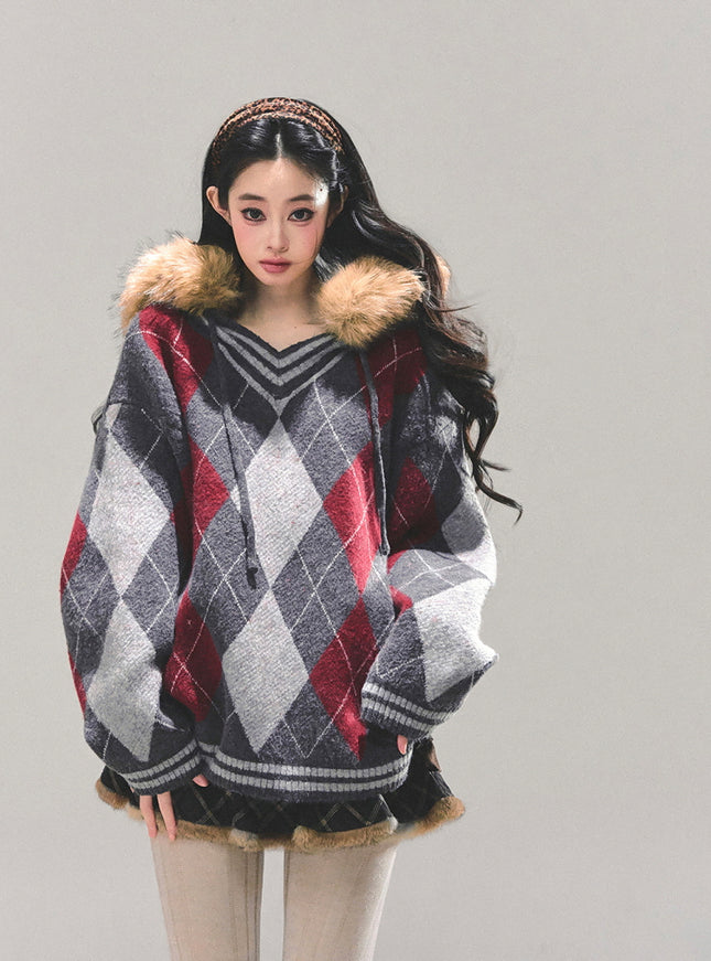 Argyle Fur Trim Knit Hoodie
